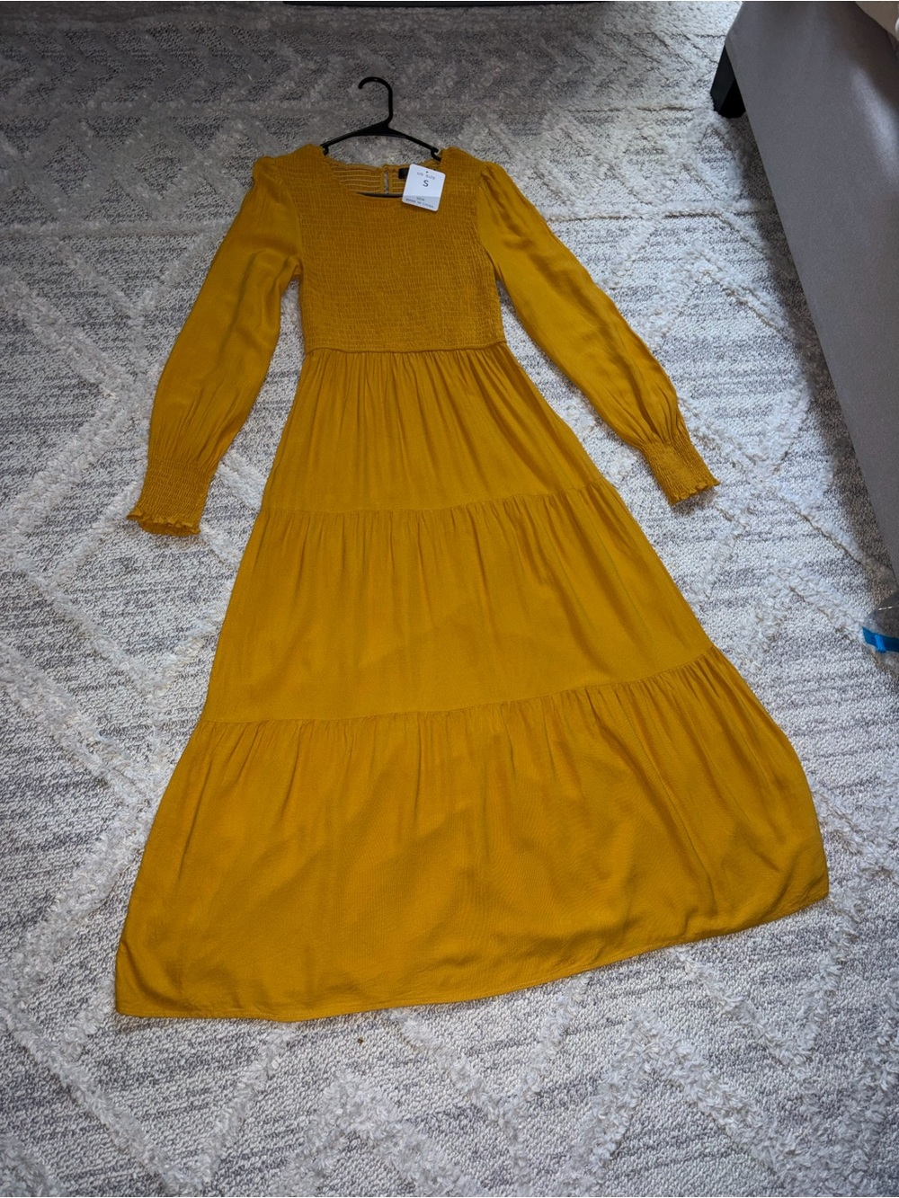 Mustard Long Sleeve Tiered Midi Dress